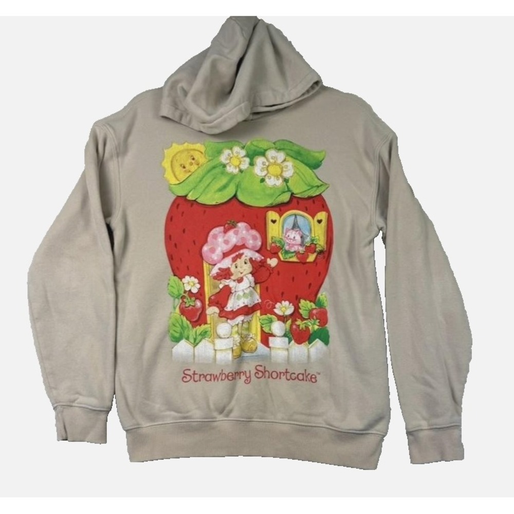 Strawberry Shortcake Hoodie Womens XS Beige Graphic Pullover Fleece Sweatshirt‎